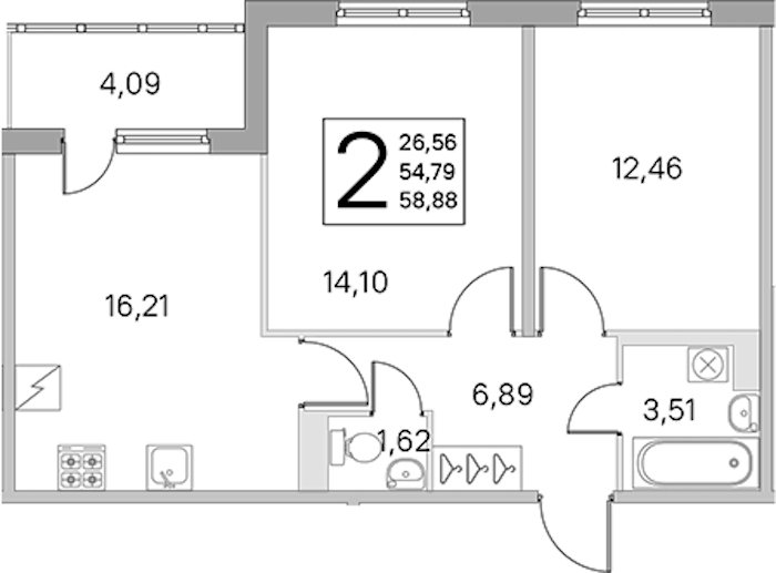 2-комнатная квартира 54.79 м², 1/5 эт., ЖК «ЮгТаун. Олимпийские кварталы»